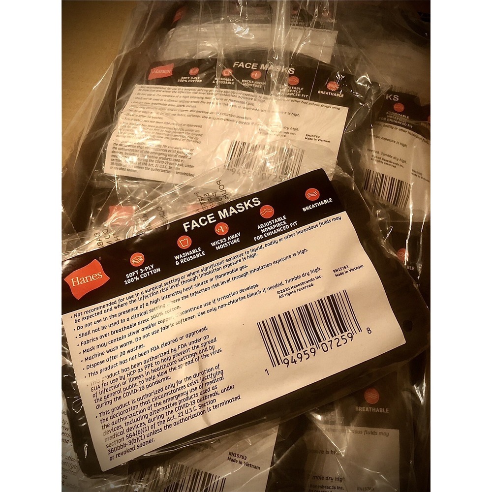 500 Pcs Hanes Reusable Black Face cover Mask Washable soft 3-ply 100% Cotton